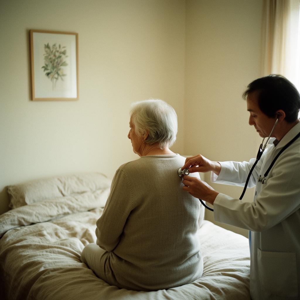 A physician examines an elderly patient at the bedside in a softly lit bedroom.
