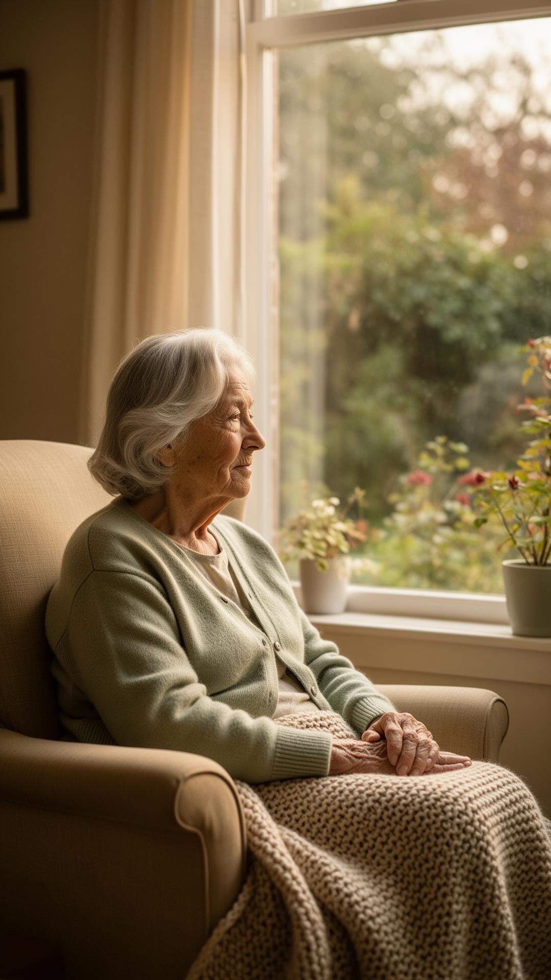Elderly woman seated in a sunlit armchair looking out at a garden.